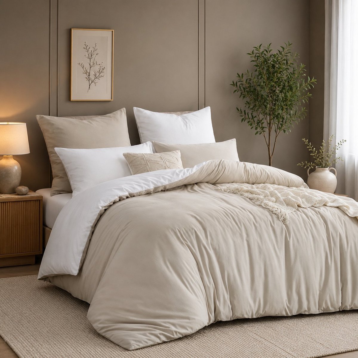 Nazik Living Beddengoed 3-delig - 200x220 cm - Beige/Wit - Omkeerbaar Dekbedovertrek met Ritssluiting - Microvezel - Strijkvrij