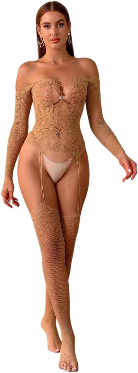 Dameslingerie, mesh, kant, bodystocking, bodystocking, schoudervrij, chemie, kousenhouder, prikkelend ondergoed, body's