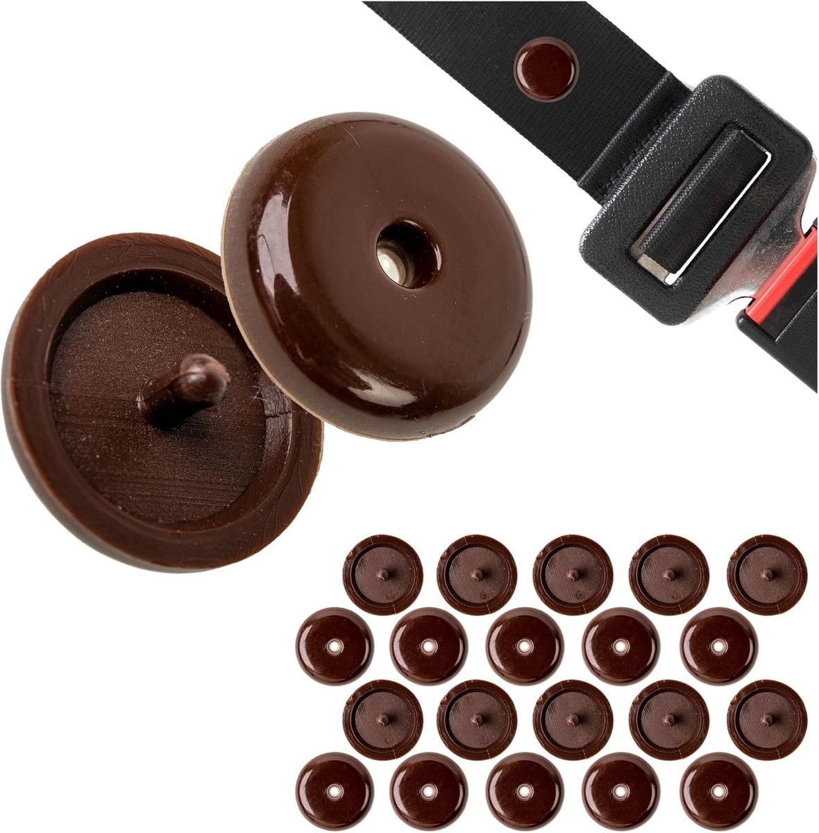 Gordelknop voor autogordel, 10 paar, hard plastic, bruin, voor veel autogordels, oprolmechanisme, klinknagels, autogordel klinknagel, autogordel reparatie, reserve onderdeel auto