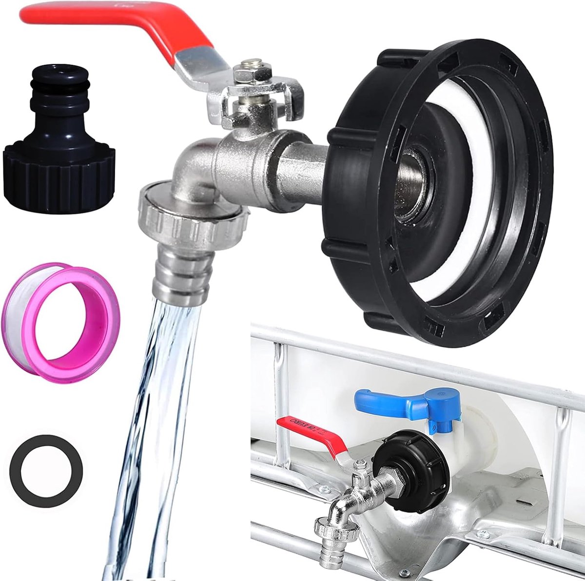S60X6 tankadapter 1000 liter, kraan 3/4 inch voor IBC 1000L tank - voor olie, brandstof, water, vloeistoffen