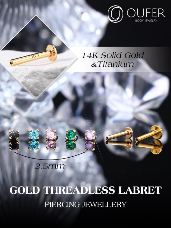 Body Piercing Threadless Lip Piercing Jewellery 14K Gold Labret Helix Piercing Stud CZ Push in Tragus Lobe Earring Piercing Bar Jewellery — afbeelding 2