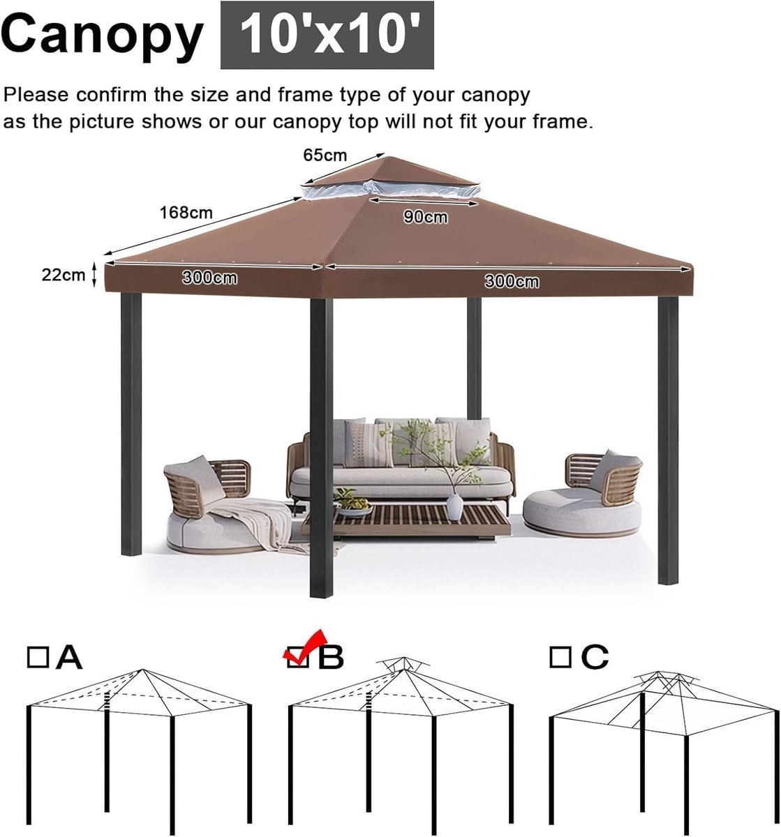 Vervangend dak voor paviljoen, waterdicht, met ademend net, uv-bestendig en stabiel, dubbele dakconstructie, incl. afvoergaten, ideaal voor tuinhuisjes (3x3M koffie)