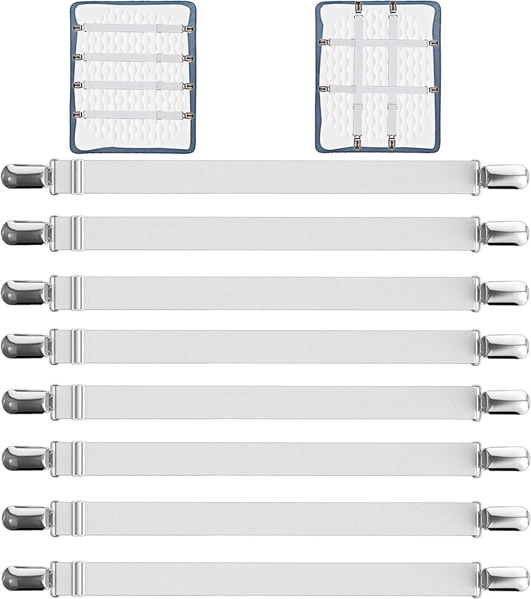Lakenspanners 55-250 cm, elastische lakenspanners, witte lakenspanners met metalen clips, voor lakens, matras, strijkplank of bank (8PCS)