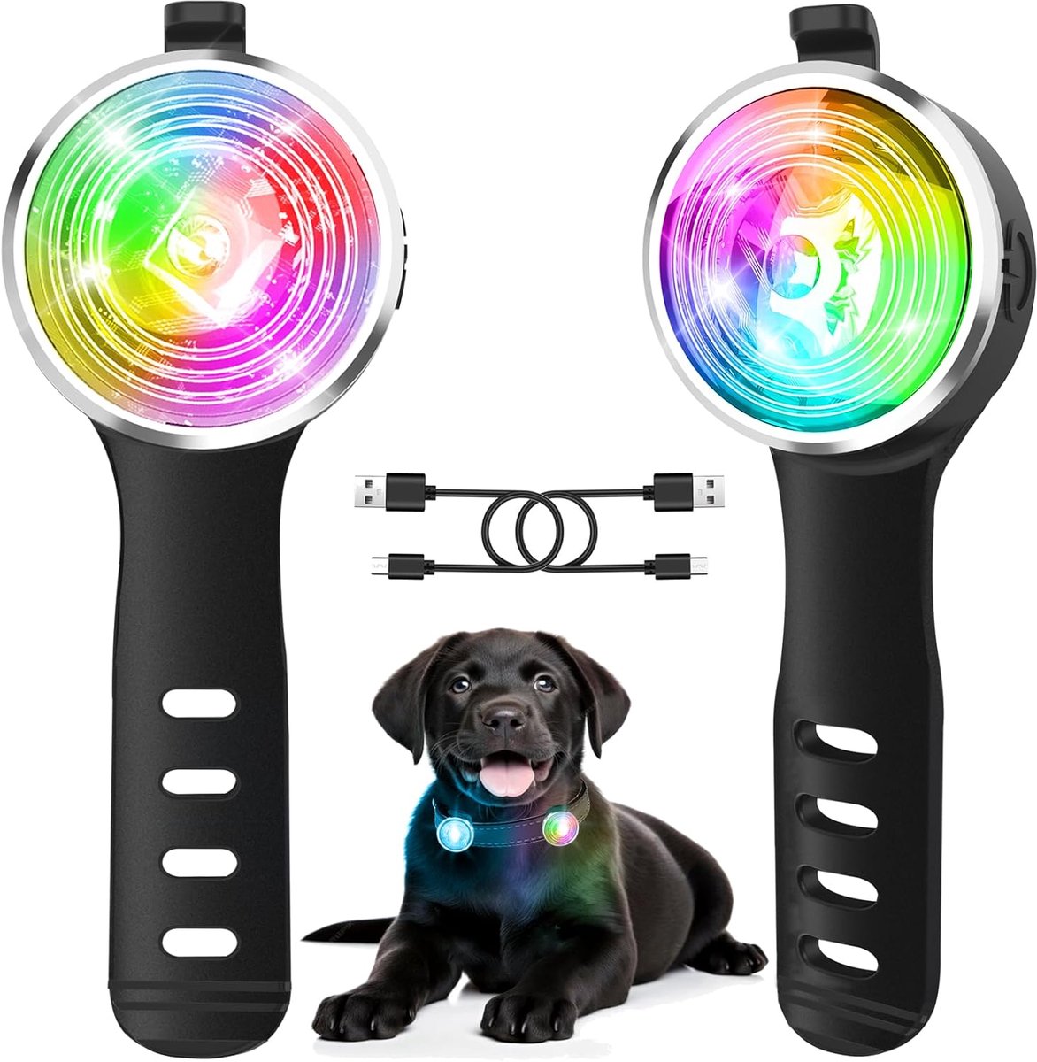 Set van 2 hondenlampjes voor nachtwandelingen, 8 modi, oplaadbare hondenhalsbandverlichting voor nachtelijke clip-on, IP66 waterdicht en siliconen band, veiligheidslichten voor halsbanden