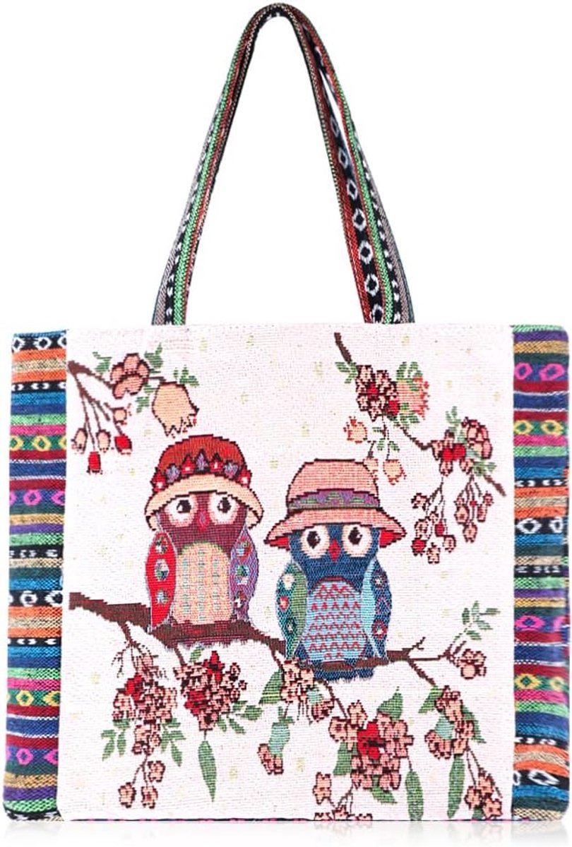 Canvas Uil Tote Bag Esthetische Gehaakte Hobo Handtassen Winkelen Schoudertas met Zip Interieur Pocket Geborduurd Herbruikbaar voor Vrouwen Strand Boodschappen, Hoed Uilen, Large