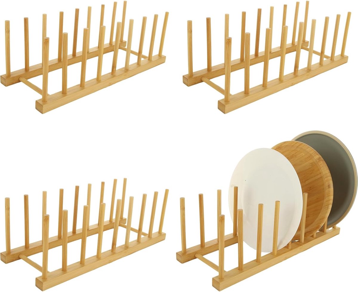4 stuks bordenstandaard van hout, 8 sleuven, houten afdruiprek, afdruiprek, bamboe plaathouder, bordenrek houder voor borden, snijplank, potdeksel, kom
