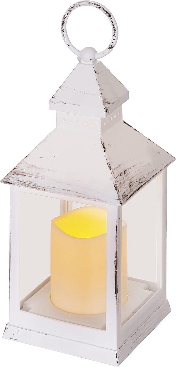Antieke lantaarn met led-kaars, vintage design en vlameffect, IP20 voor binnen, werkt op batterijen (3 x AAA), 10.000 uur, warm witte lichtkleur, 6 uur timerfunctie, 10,5 x 24 cm, wit