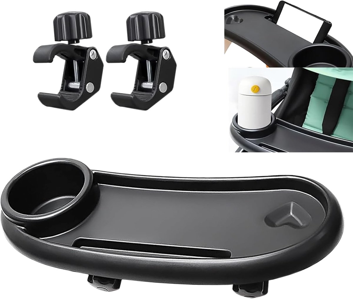 dienblad, kinderwagen, snack tray, kinderwagen, 360 graden draaibaar, 3-in-1 met verstelbare clip, bekerhouder, geschikt voor de meeste kinderwagens met armleuningen