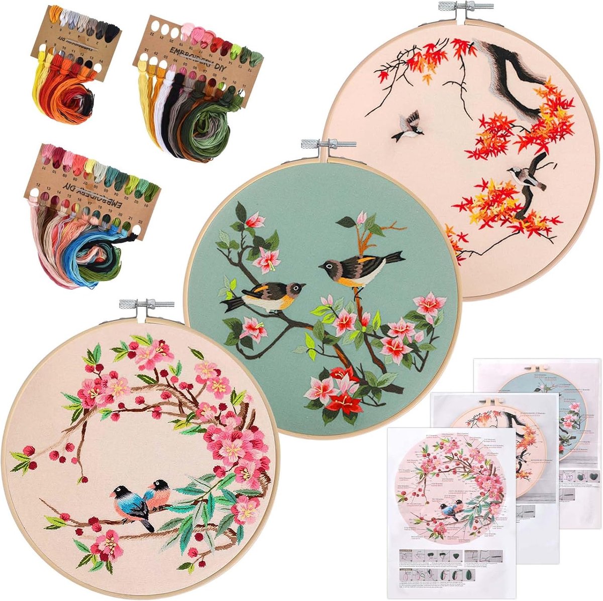 Borduurset voor beginners, set borduurstarterkits, kruissteekkits met bloem- en vogelpatroon en instructies, borduurdoek, borduurringen, kleurdraden en gereedschap (stijl A)