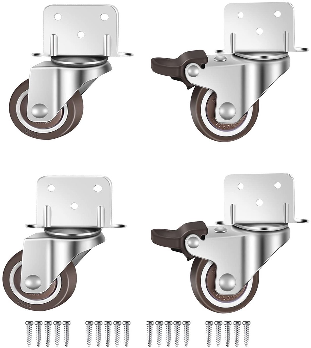 Zwenkwielen, wielen voor meubels, 38 mm, met rem, meubelwielen, L-montageplaat, geschikt voor meubels, bloemenstandaard, kribbe (38 mm)