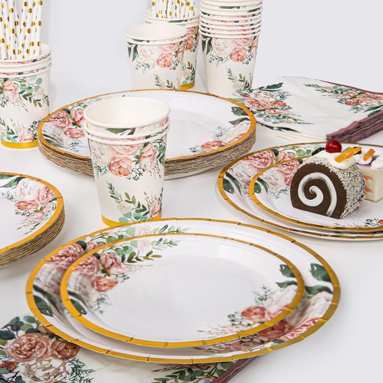 Roségoud met Bloemen, 125-Delige Set Wegwerpservies Voor Verjaardagsfeestjes: Papieren Borden, Bekers, Rietjes en Servetten — afbeelding 4