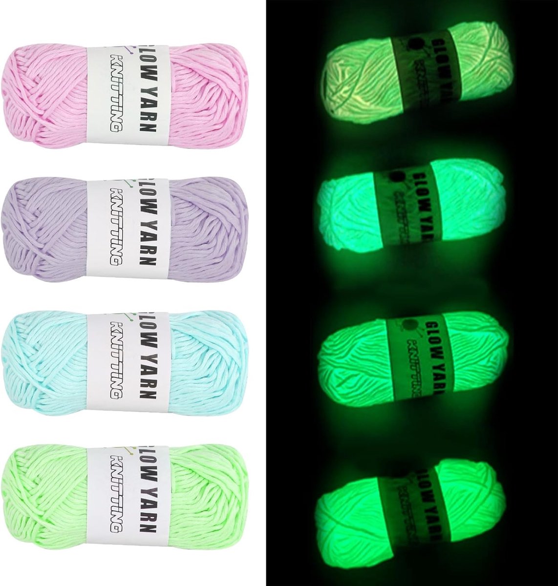 Glow in the Dark Garen, 4 rollen lichtgevend handbreigaren, 0,2 mm diameter, 53 meter lang, doe-het-zelf stof, polyester, handbreigaren, breigaren voor kunsthandwerk, naaibeginners