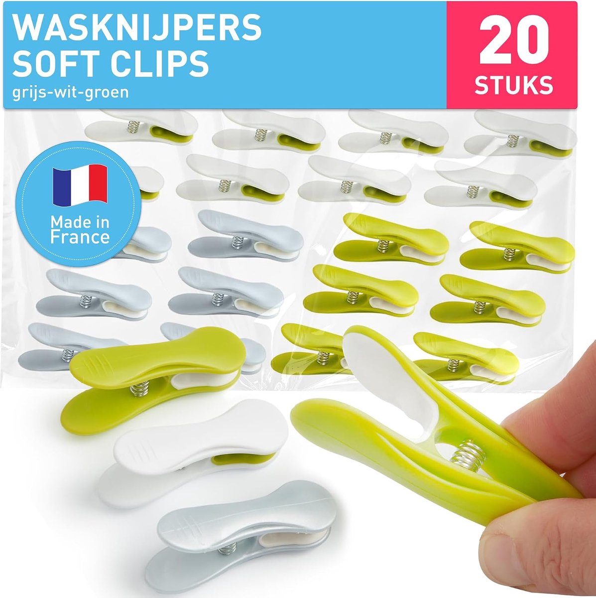 Wasknijpers Soft Clip, Extra Sterk, 20 Stuks, grijs-groen-wit | Made in France, UV- en weerbestendig, zachte grip zonder afdrukken, ook voor strandhanddoeken, voor binnen en buiten