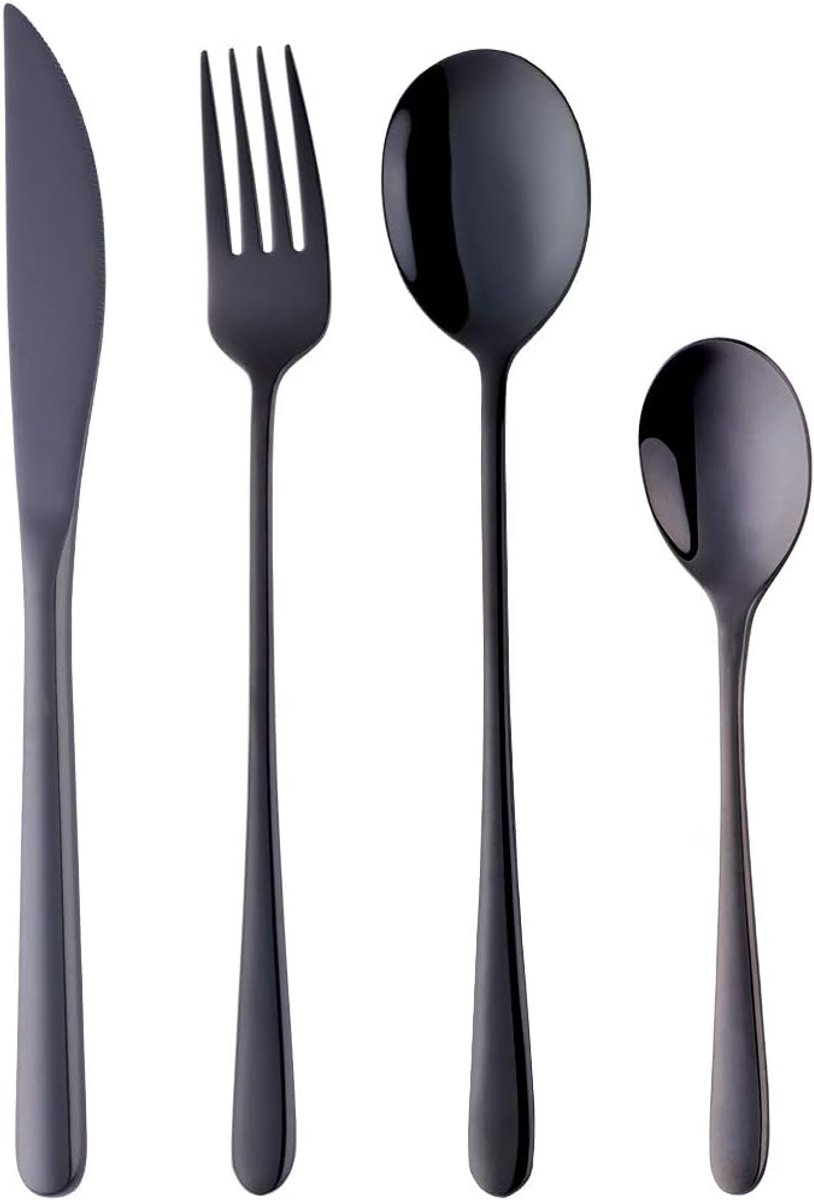 Buy Bestek zwart 18/10 roestvrij staal 4 stuks camping bestekset 1 persoon gemengde besteksets lange greep vork mes lange & kleine lepel set voor steak outdoor lunch diner snijset