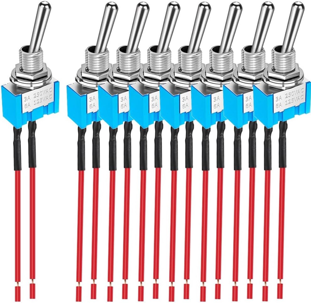 8stuks SPST Voorbedrade mini-tuimelschakelaar, 2 poorten 2 posities, miniatuur AAN/UIT-schakelaar, 6A/125VAC, 3A/250VAC, voor doe-het-zelf Autodashboard Elektronische Apparaten