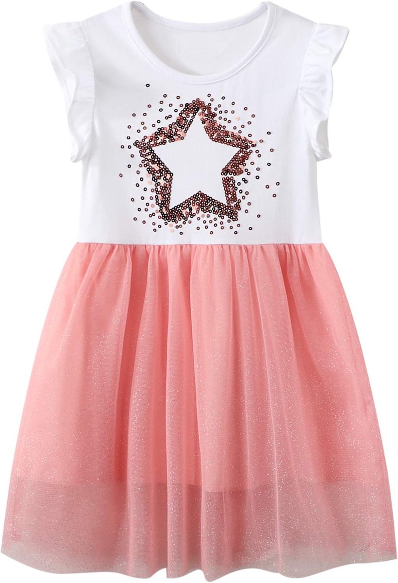 Jurken Mouwloze Pailletten Kleding Kinderen Casual Leuke Tops Katoen Mesh Tule Zomer Chiffon Elegante Outfit Goedkope Ruches T-Shirt Applique Baby Jurk Leeftijd 2-7 Jaar