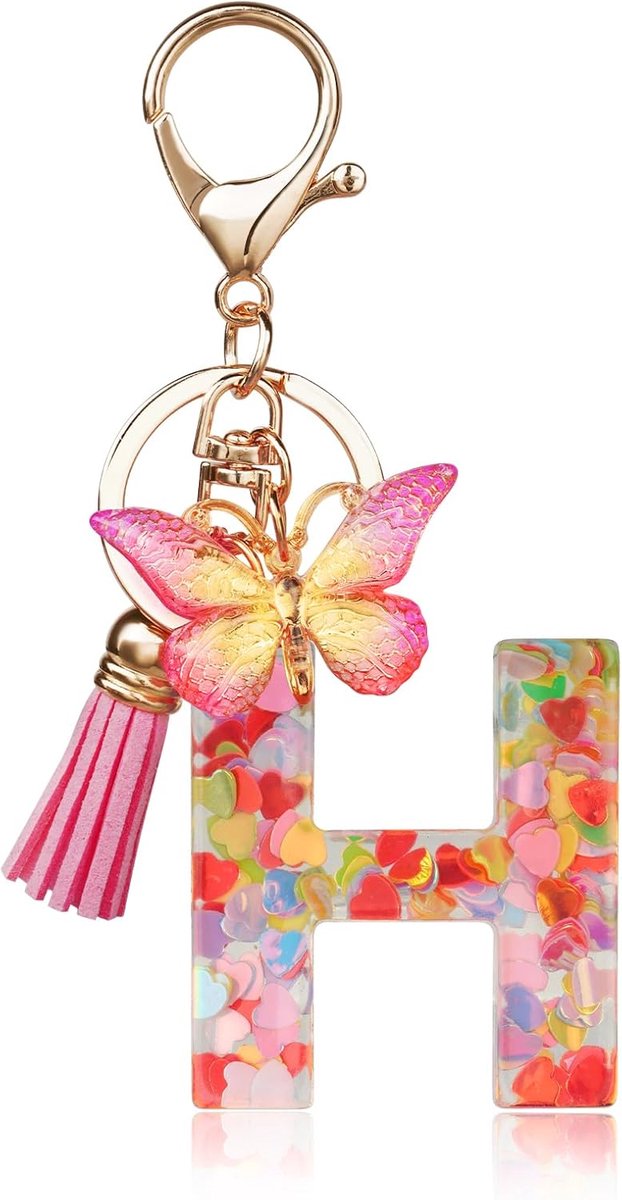 initialen sleutelhanger voor meisjes en vrouwen, hars letter sleutelhanger, met vlinder en kwast hanger, voor dames meisjes portemonnee portemonnee charme