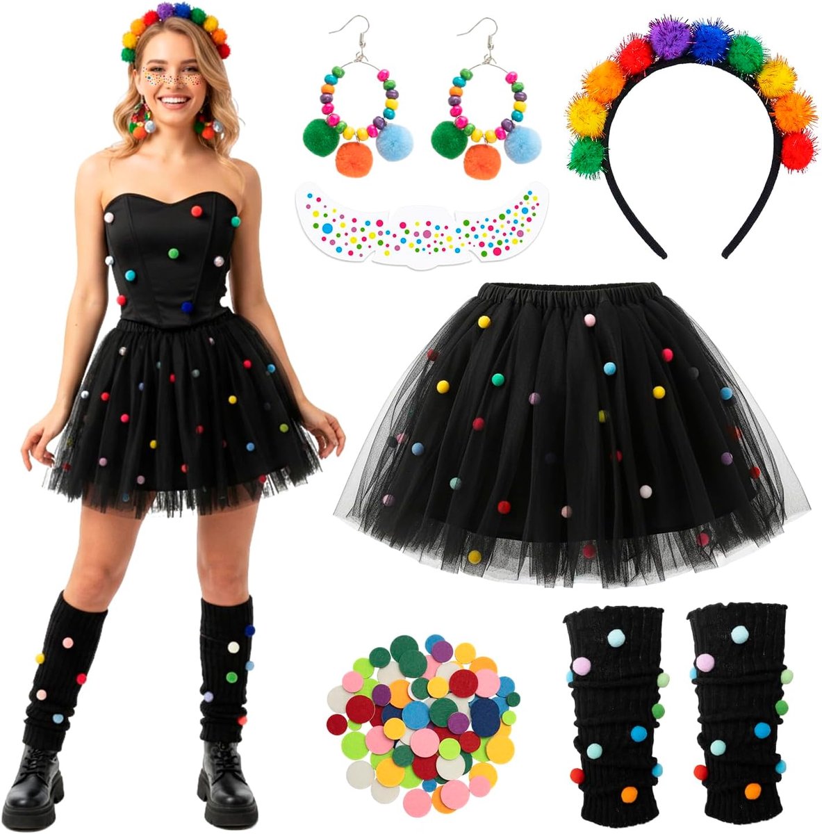 kostuum voor dames, 6 stuks, carnavalskostuum voor dames, met tule rok, haarband, oorbellen, gezichtsstickers en beenwarmer, confetti in het hart, carnaval, kostuums voor volwassenen