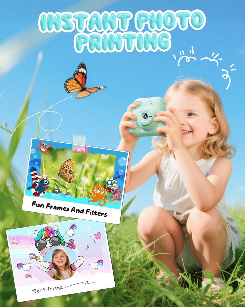 Instant kindercamera, 1080p HD instant camera 48 MP met 32 GB kaart en 3 rollen printpapier, cadeau voor meisjes en jongens van 3 tot 12