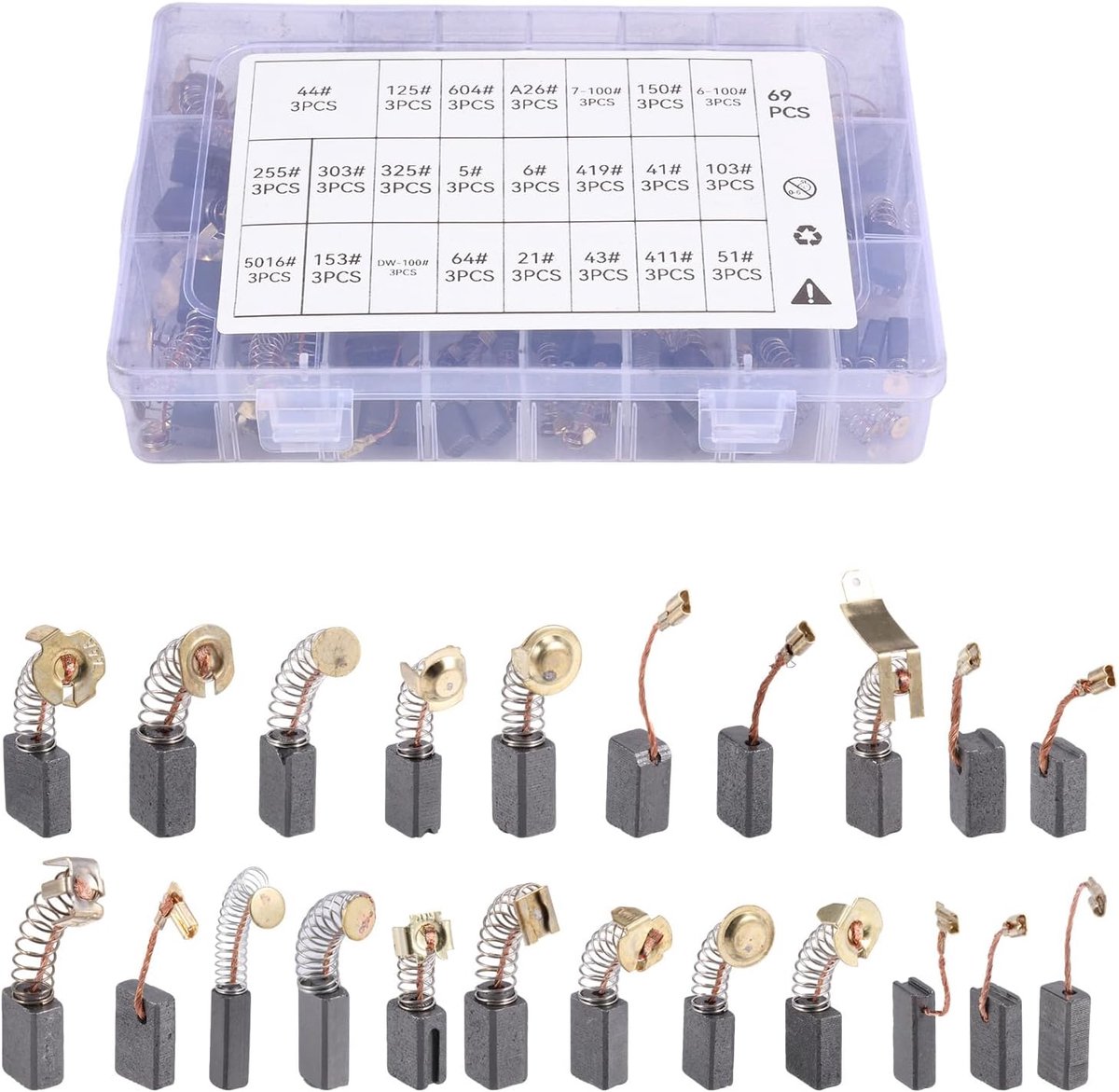 69 stuks koolborstels, 23 maten koolborstels voor elektrisch gereedschap, vervangende koolborstels, motorkoolborstels compatibel met haakse slijpers, boorhamers en cirkelzagen