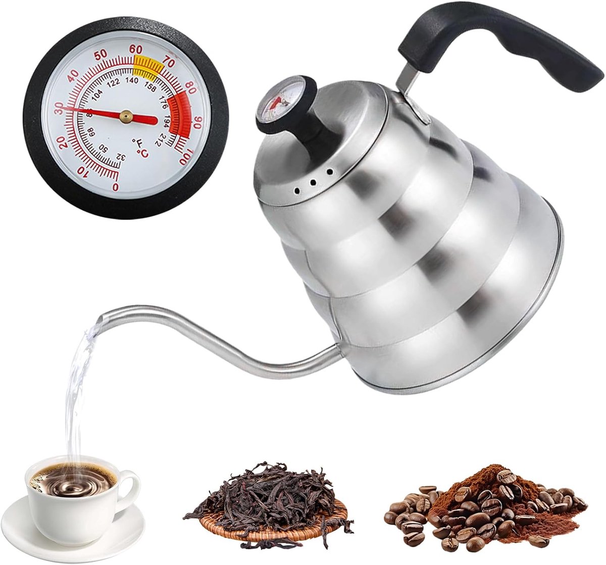 Waterkoker met zwanenhals, 1000ml roestvrijstalen koffiewaterkoker met thermometer, zwanenhals waterkoker pour over voor inductie, gas en elektrisch fornuis