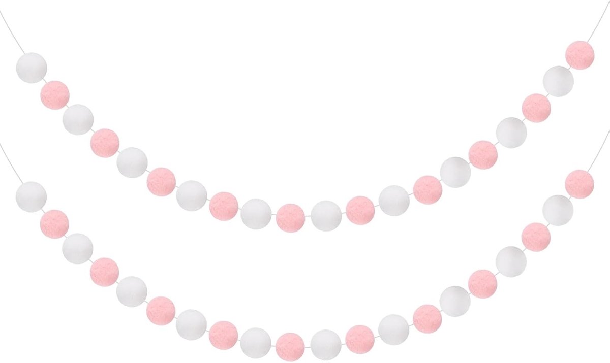 Pom Pom-slinger, 2 stuks, 30 ballen, kleurrijke vilten balslinger voor wanddecoratie, verjaardagsbanner, paasfeestdecoraties, roze, wit