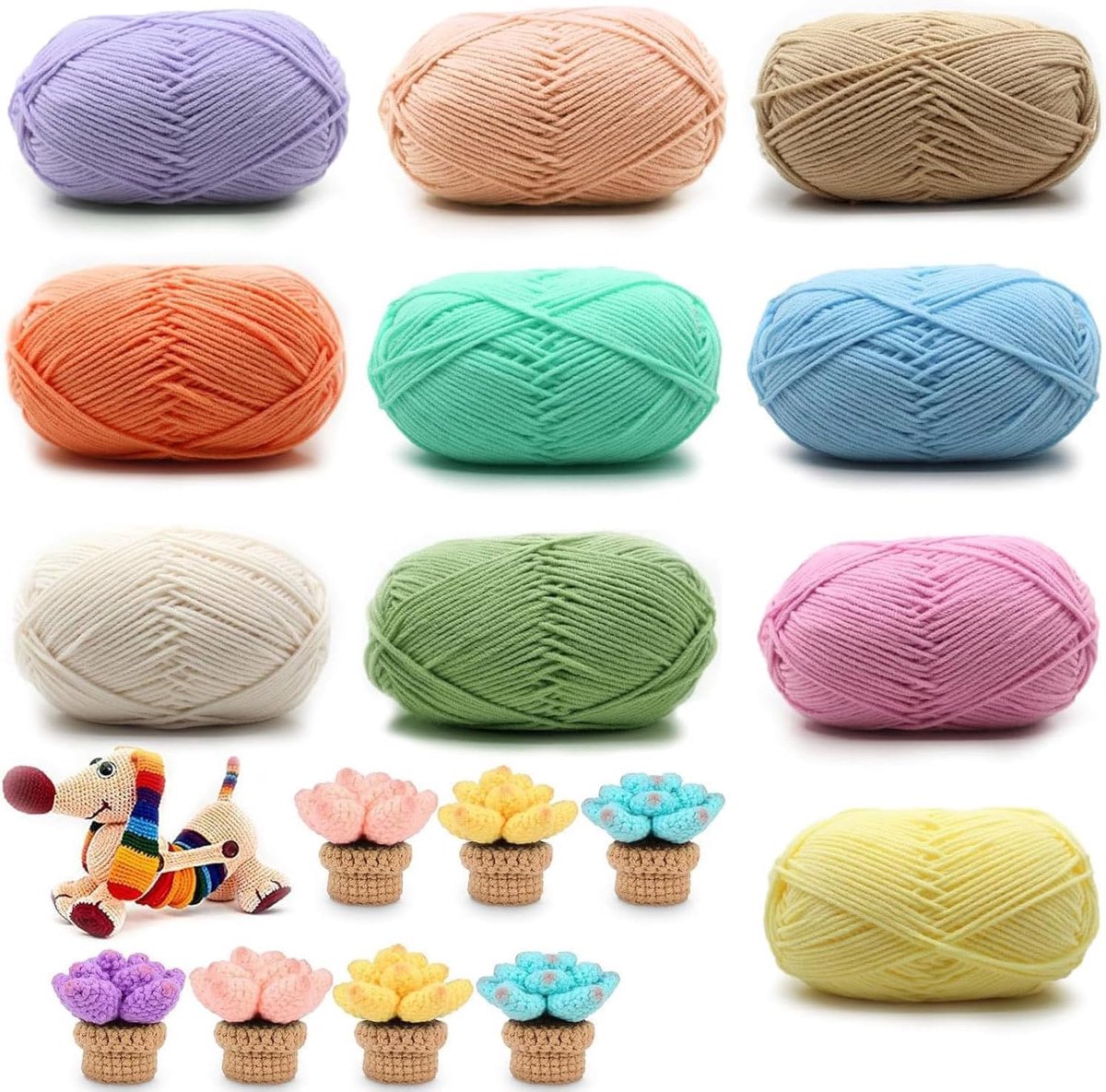 Haakgaren, handbreigaren, katoengaren, 10 stuks x 50 g, bevat melkkatoengaren, voor haken en kunsthandwerk, voor beginners, onderhoudsarm, 10 kleuren