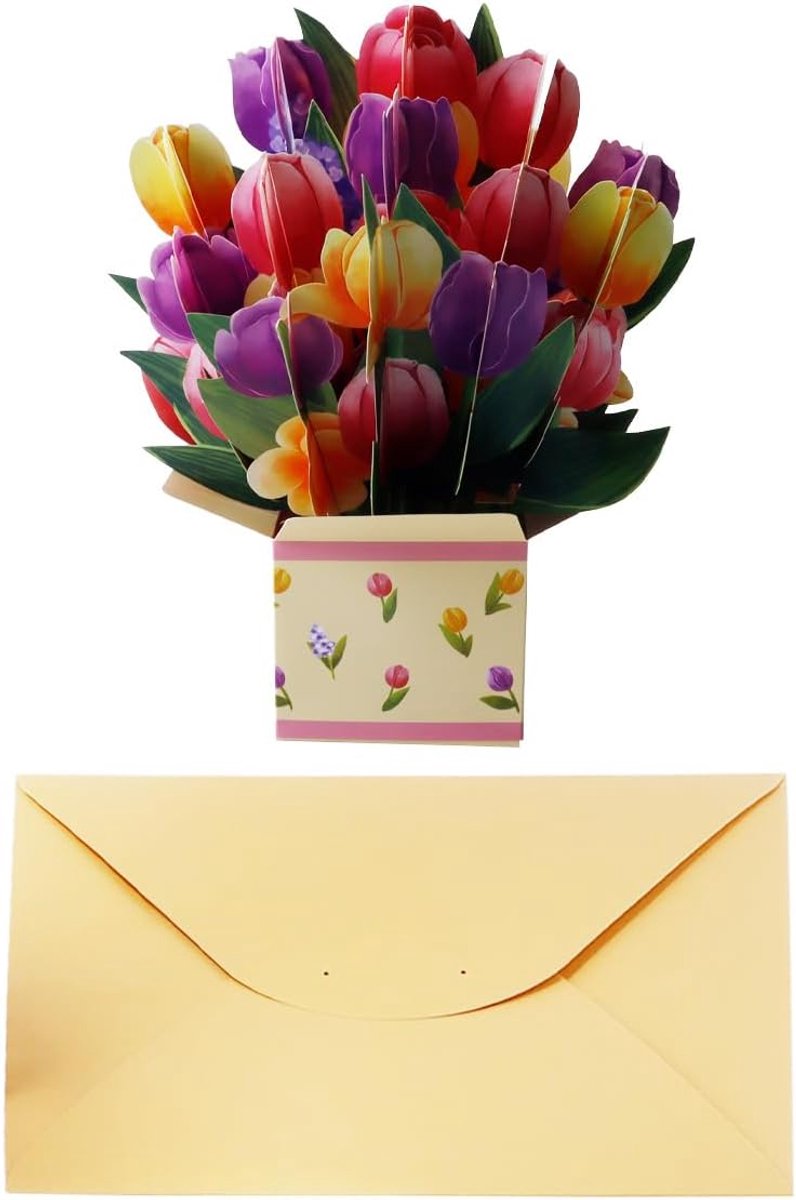 Pop-upkaart met tulpenboeket, beterschapskaarten, 3D-pop-upkaart met verjaardagsfelicitaties en cadeaus.