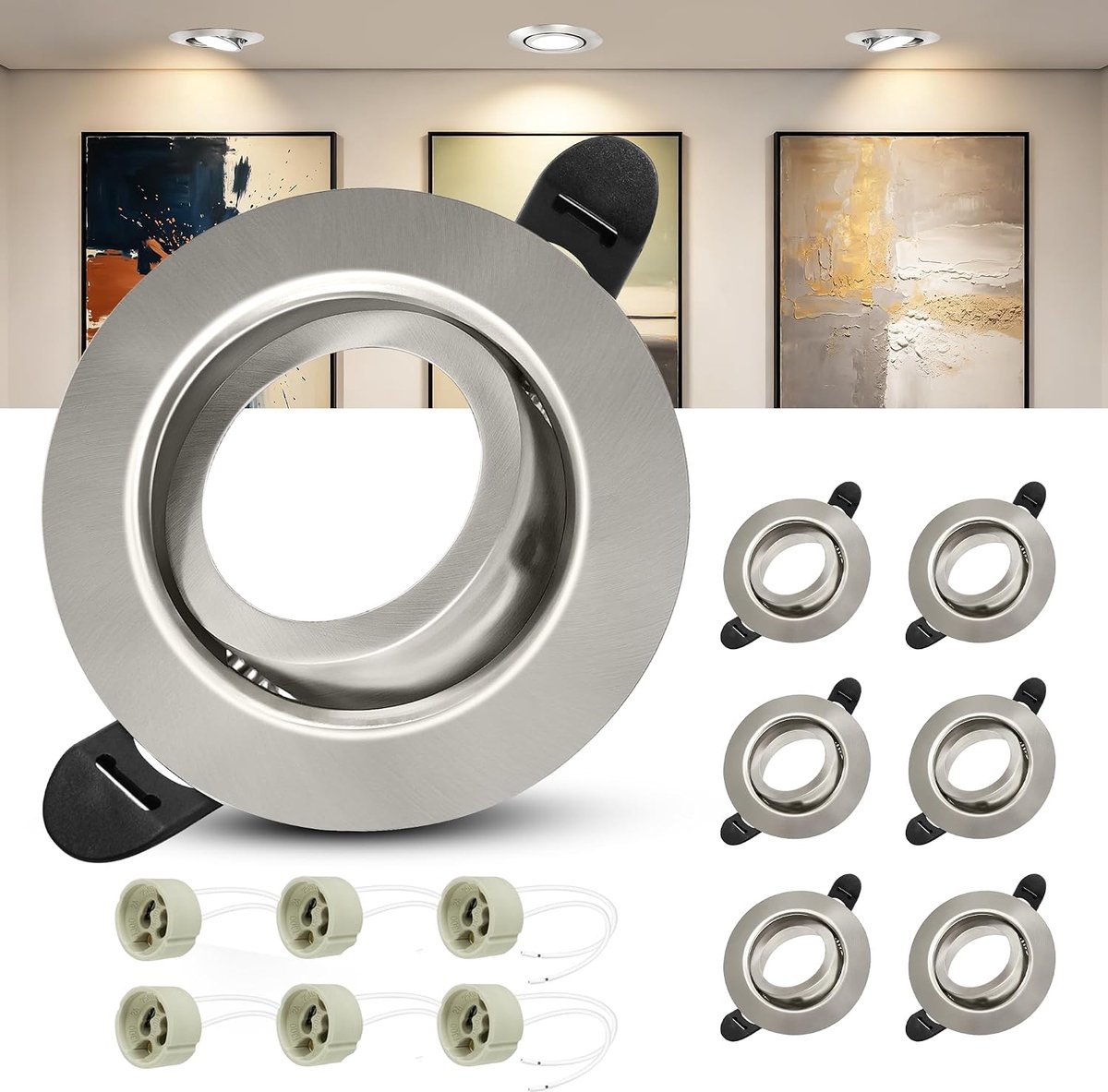 6 x Inbouwspots GU10 Set, Inbouwframes in Nikkel Incl. GU10 Fitting Voor LED of Halogeen Lampen, LED-spot Boorgat Ø65mm-80mm, 45° Draaibaar, Rond
