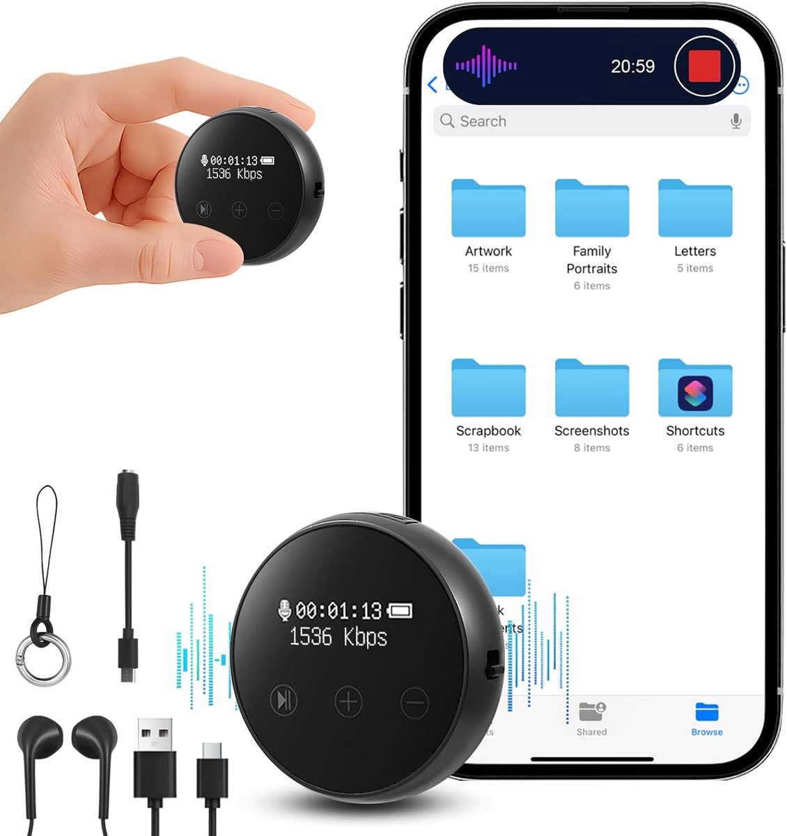 64G Diktierapparaat Mini, Draagbaar Afluisterapparaat, Opnameapparaat voor Spionage met DSP-intelligente Ruisonderdrukking, 800u Opslag, HD-Geluidsopname, Touchscreen, Wachtwoord, Ideaal voor
