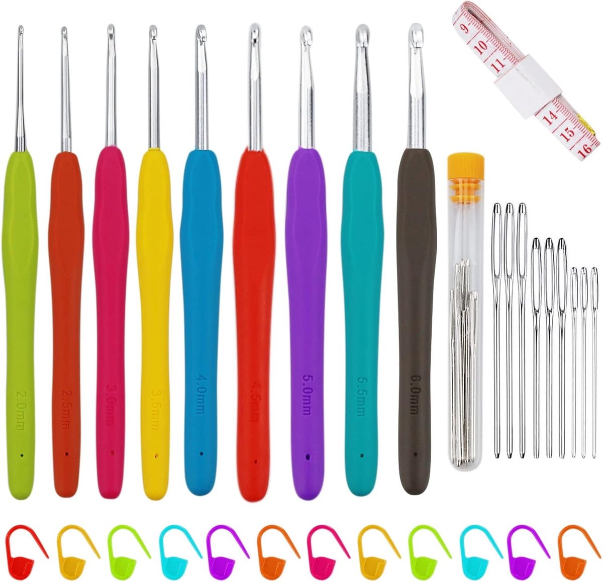 Haaknaalden, 9 stuks, aluminium breinaalden, ergonomische softgrip, handgreep voor artritische handen, met meetlint, steekmarker en naainaalden