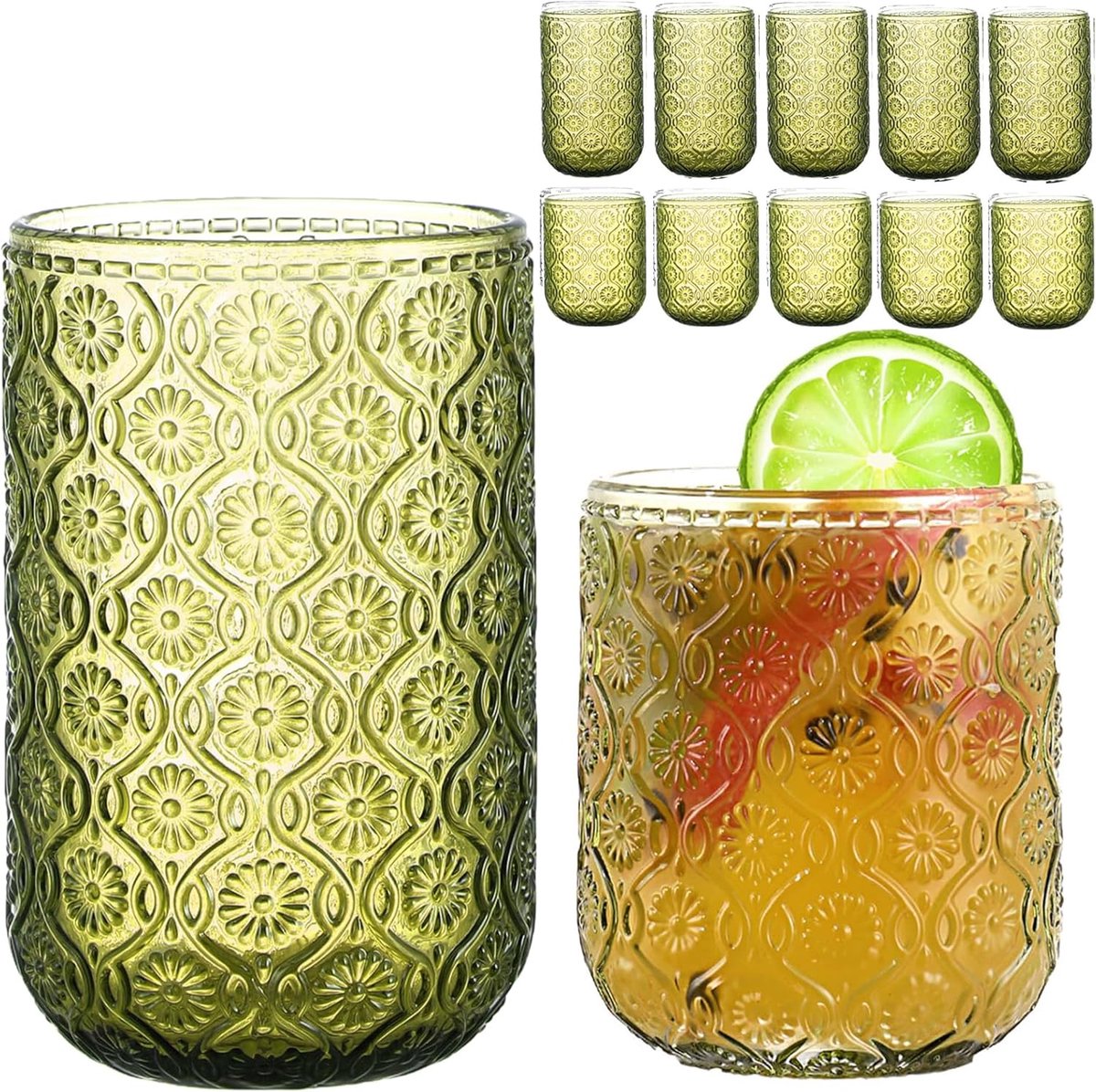 12-delige groene vintage glazen set met bloemenreliëf | Highball- en cocktailglazen (12 oz & 10 oz) | Ideaal voor water, sap, bier, cocktails en whisky