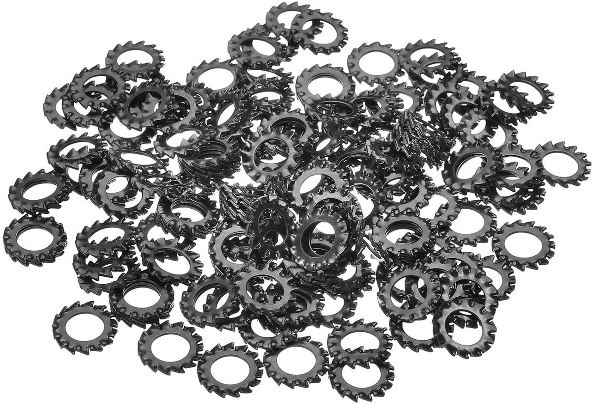 150 stuks getande sterschijven, buitentand, veerringen, M8, koolstofstaal, geribbelde schijven voor schroeven, bouten, mechanische uitrusting, bevestigingselementen, zwart