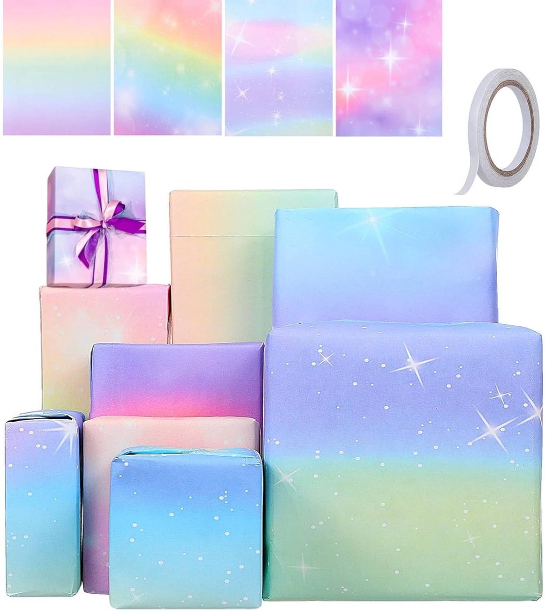 Cadeaupapier voor meisjes verjaardag 10 vellen, pastelkleurige regenboogverloop cadeaupapier, inpakpapier voor meisjes en vrouwen verjaardag, bruiloft, jubileum, huwelijk (met plakband)