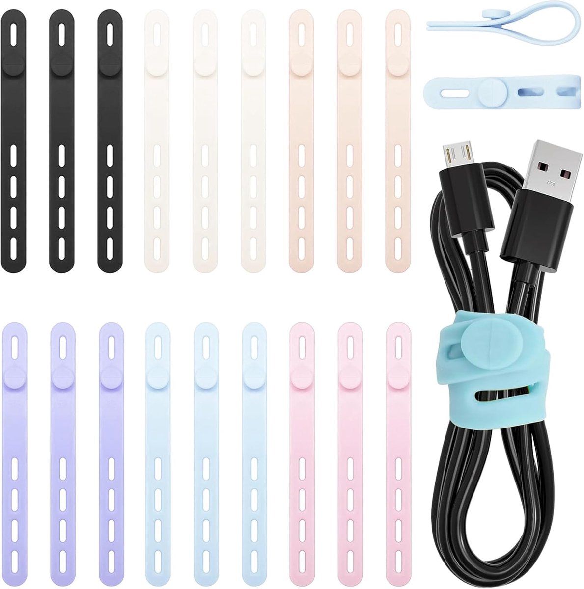 Kabelbinders, 18 stuks herbruikbare siliconen kabelbinders multifunctionele elastische koordbanden voor kabelbeheer USB-oplaadkabels computerdraden en huishoudelijke apparaten snoerorganizer