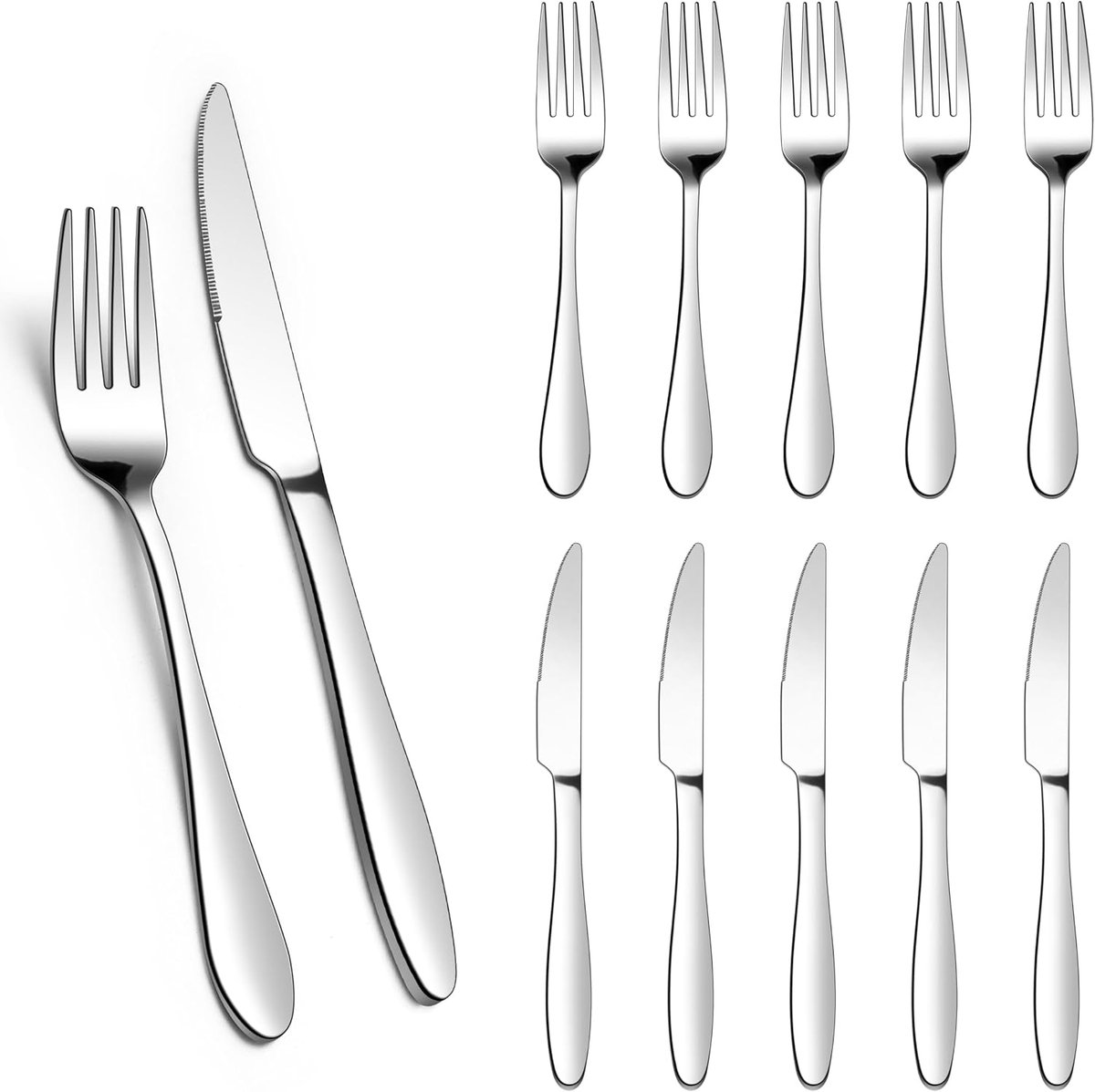Steakbestekset, 12-delige roestvrijstalen steakmessen en steakvork, steakbestekset voor 6 personen, zilveren bestekset met elegante handgreep voor thuis, restaurant, hotel, roestvrij en