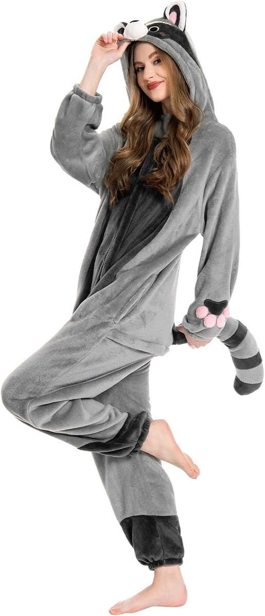 Onesies voor Volwassenen Unisex Nieuwigheid Pyjama Kostuum voor Halloween Zachte Comfortabele Thuiskleding Nachtkleding Eendelig Slipjamas Cosplay Loungewear (S, Wasbeer)