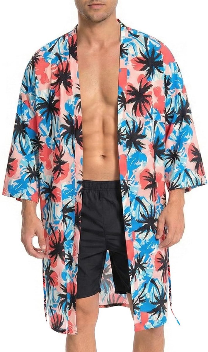 Mannen Lichtgewicht Kimono Robe met Riem Japanse Stijl Gewaad Jas Unisex Casual Open Front Lange Vest Cape Jas Uitloper, Bloemen, S