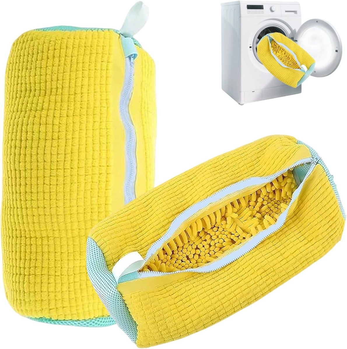 Schoenwaszak voor wasmachine, 2 stuk waszak met borstels voor schoenen, schoenzak voor wasmachine, wasnet voor sneakers, schoenwaszak, voor wasmachine en droger, geel