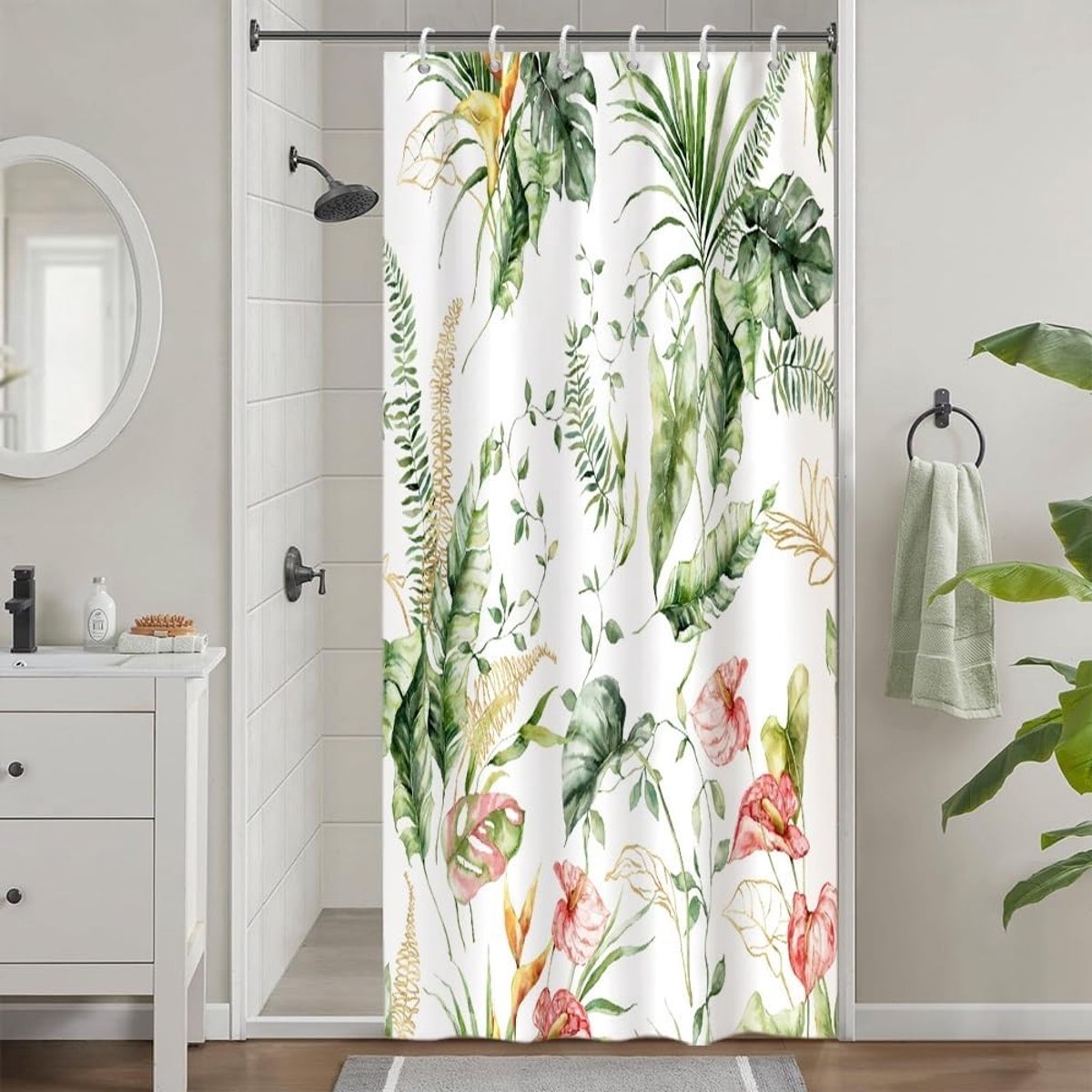 Douchegordijn, schimmelbestendig, klein douchegordijn, 90 x 180 cm, tropisch, groen, palmbladeren, jungle, roze, badgordijnen, wasbare stof, waterdicht, badgordijnen met 6 haken