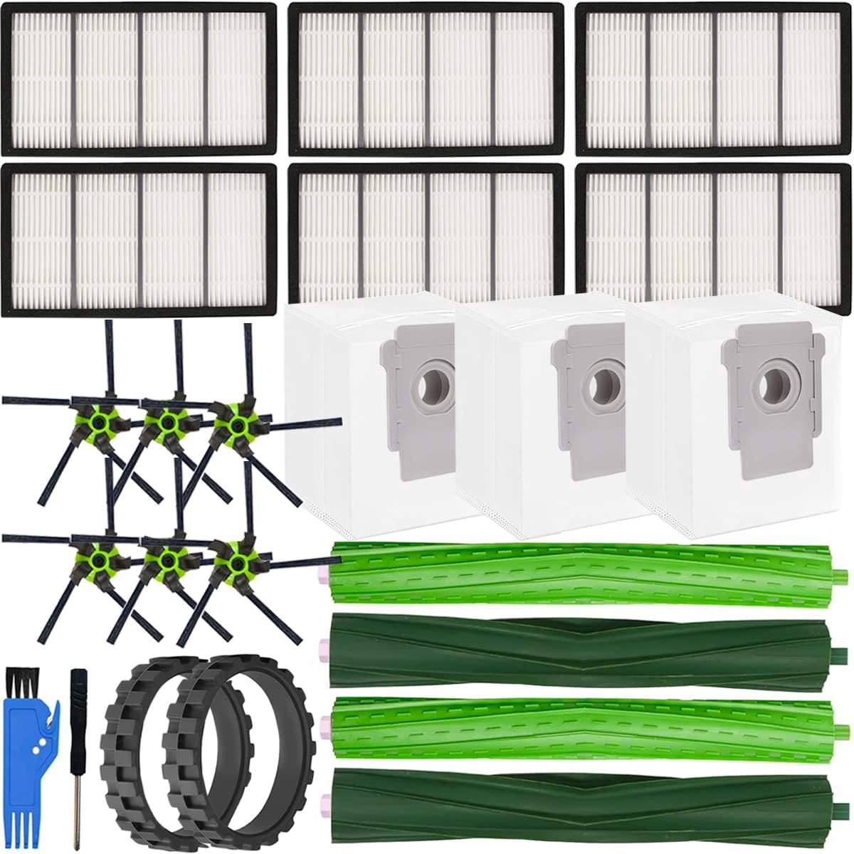 Kit for iRobot Roomba S9(9150), S9+(9550), S Series Robot Vacuum Cleaner Replacement Parts 2 Multi-Surface Rubber Brushes, 6 Filters, 6 Side Brushes, 3 Dust Bags, 2 Whee Tires