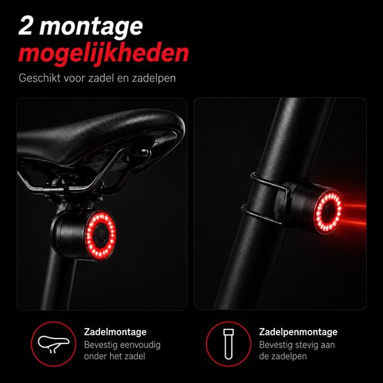 Wieport Fiets Achterlicht met Remsensor - voor Zadel & Zadelpen - USB C oplaadbaar - Zwart — afbeelding 4