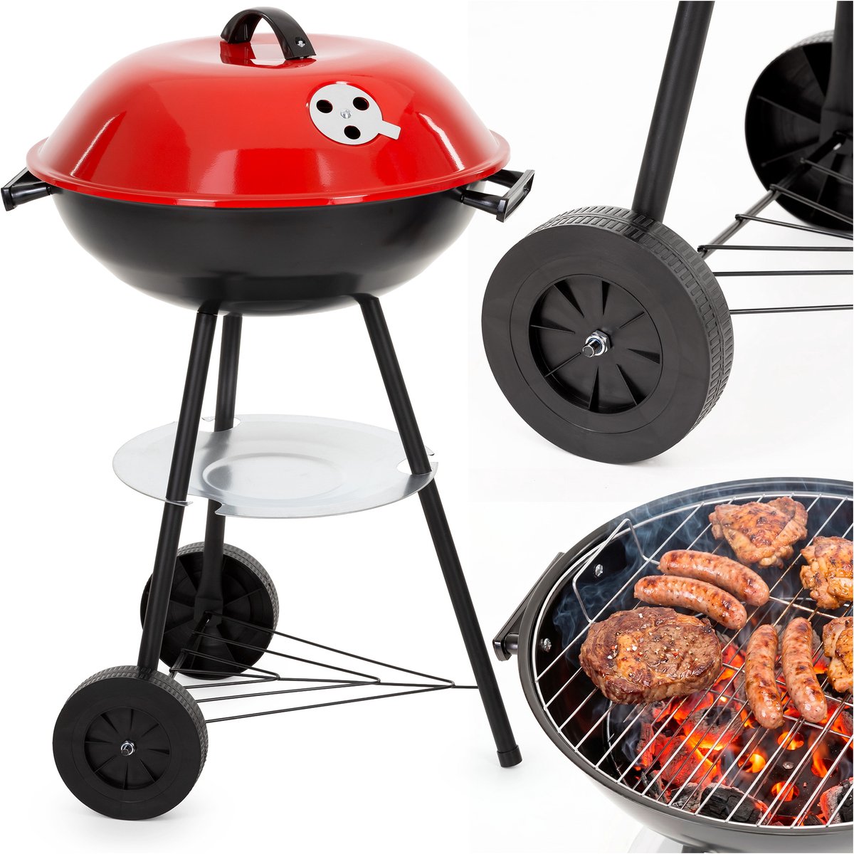 Springos Houtskool barbecue - BBQ - Draagbaar - Op Wielen - Asopvangbak - Kunststof - RVS - Zwart - Rood
