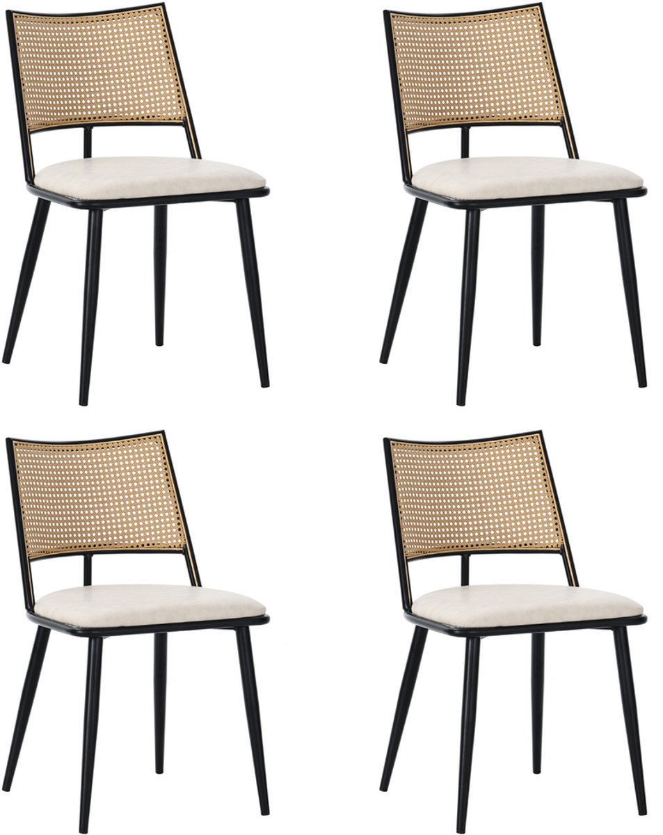 Pugsdrly 4 eetkamerstoelen, PU-zitting, rotan rugleuning, woonkamer, slaapkamerstoel, zwart