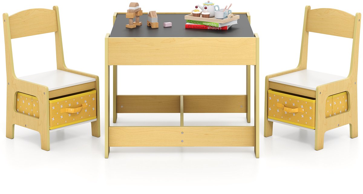 COSTWAY 3-delig kindersitgroep, kindertafel met 2 stoelen van hout, 3-in-1 tekentafel & activiteitentafel & schoolbordtafel, kindermeubels kindersitset voor peuters van 3-7 jaar (Geel)