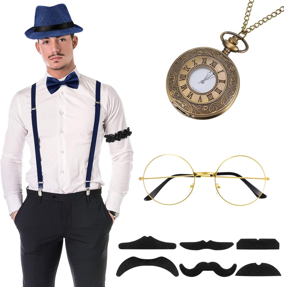 20 kostuum accessoires set brullend retro gangsterkostuum, hoed, vlinderdas, zakhorloge, bretels, bril, baard, armband, kousenbanden, dasspelden (donkerblauw, eenvoudige stijl)
