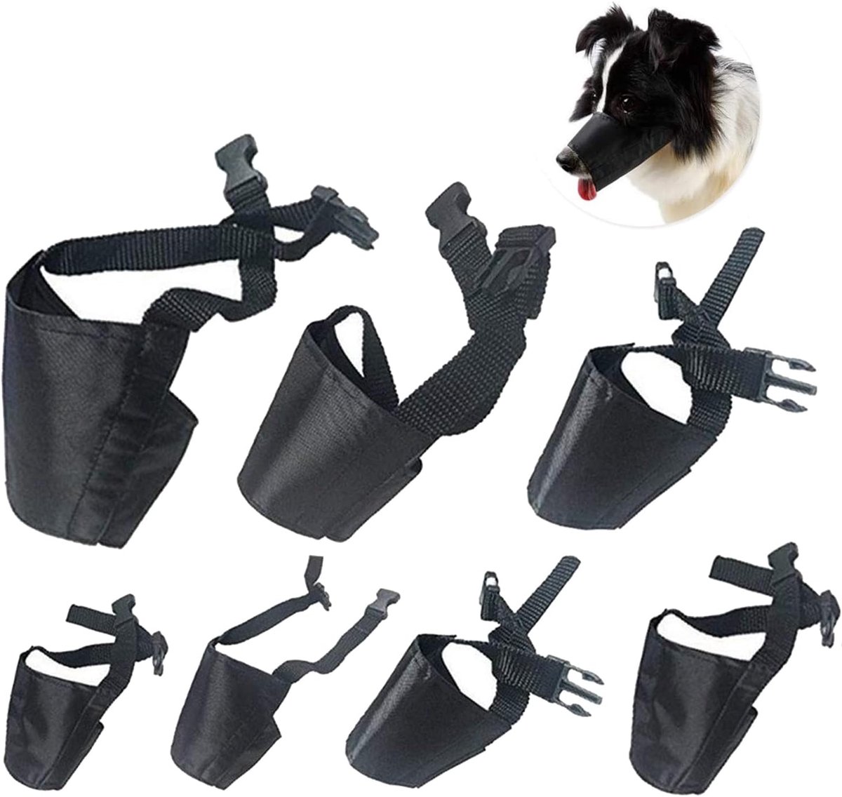 Muilkorven Set van 7 maten, verstelbaar nylon, zwart