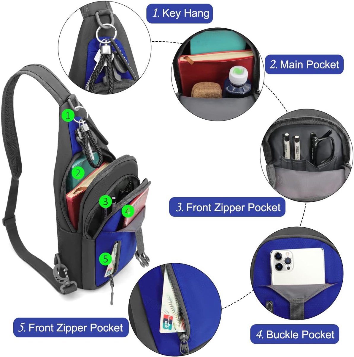 borsttas, sling schouderrugzak, borsttas voor heren met verstelbare schouderriem, schoudertas, crossbody bag-rugzak voor outdoorsport, fietsen, hondenwandelen, blauw, vrije tijd