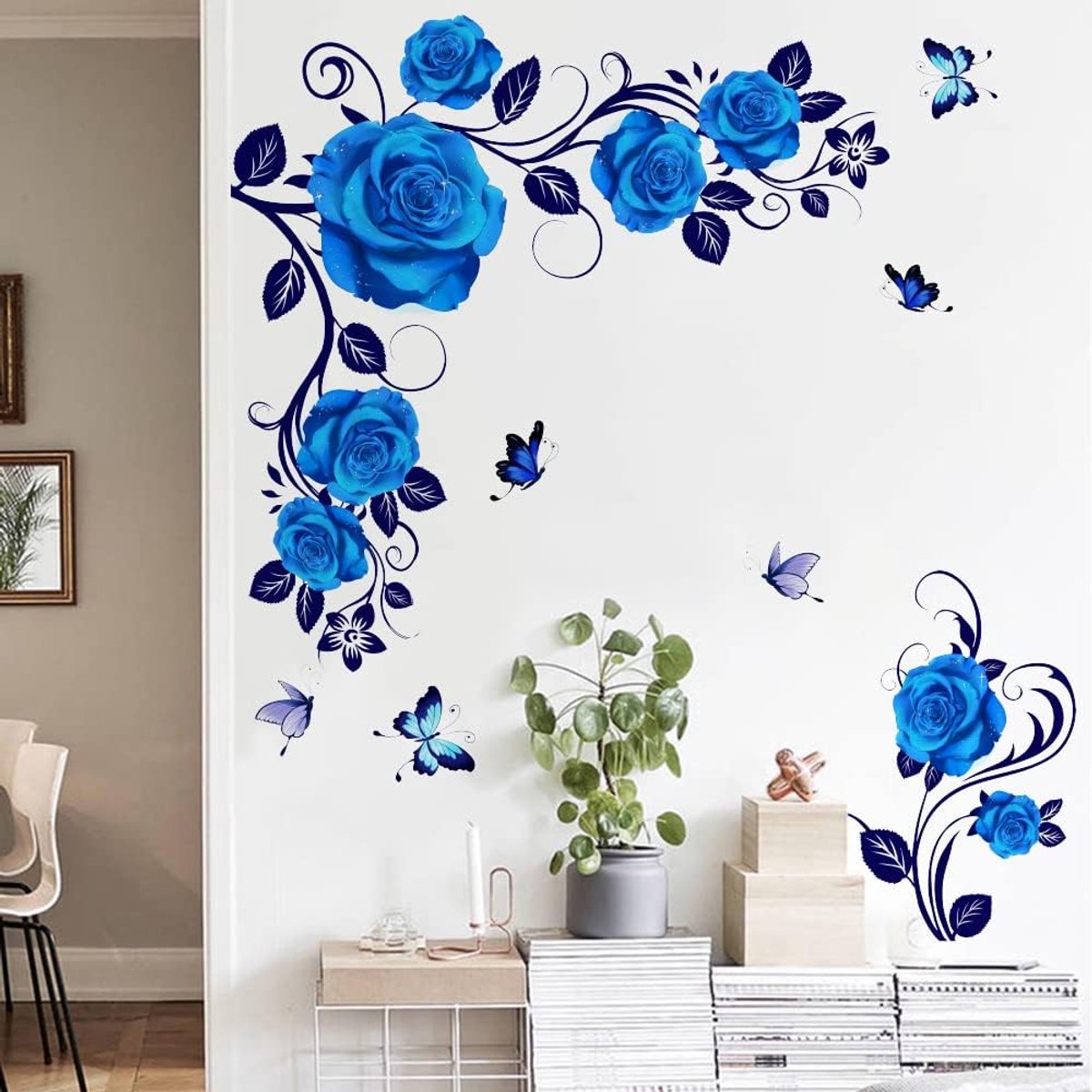 Blauwe Rose Bloem Muurkunst Stickers Opknoping Wijnstok Bloemen Muurstickers Decoratie Woonkamer Meisjes Slaapkamer TV Achtergrond Muur Decor