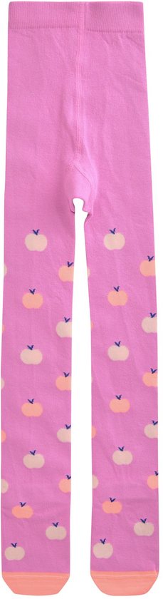 Paarse maillot met all-over appelprint en perzikkleurige voeten.